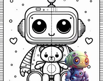 Kleurplaat met 13 robots, schattige tekening, robotclipart, illustratie om af te drukken, kleurplaat voor kinderen, digitale download, leuke astronautrobot