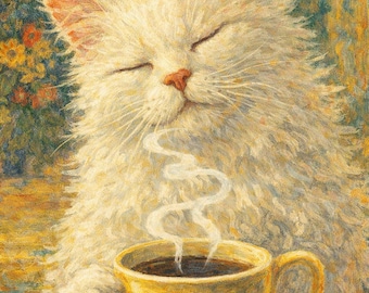 Set van 9 digitale impressionistische prints van witte katten – schattige kattenkunst in Van Gogh-stijl, digitale poster om af te drukken, leuke romantische kattendecoratie