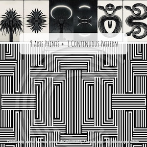 Pode incluir: Uma coleção de nove impressões artísticas em preto e branco com imagens botânicas, celestiais e de serpentes, acompanhada por um padrão geométrico contínuo. O texto 9 Arts Prints + 1 Continuous Pattern é exibido centralmente.