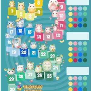 Pode incluir: Um tabuleiro de jogo verde-azulado intitulado Beginning of the Adventure com um caminho numerado de 1 a 30 com animais e frutas ilustrados. À direita, há uma seção Fun Tasks com caixas brancas e círculos coloridos.
