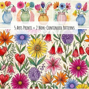Pode incluir: Cinco impressões artísticas e dois padrões não contínuos com ilustrações florais em estilo aguarela. Os designs incluem várias flores coloridas em vasos e um padrão botânico repetitivo com margaridas, lírios e pétalas em forma de coração.