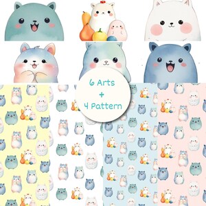 6 Illustrations Kawaii Clipart Kitten Watercolor Kitty Design, 4 Continuous Pattern for Sublimation, Sewing, and Stationery cute