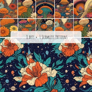 Pode incluir: Uma coleção digital com 8 artes e 1 padrão sem costura com flores laranja, folhas azul-petróleo e elementos cósmicos como estrelas e planetas em um fundo azul escuro. O texto 8 ARTS + 1 SEAMLESS PATTERNS está centralizado na imagem.