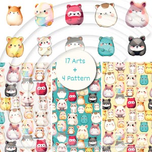 Kit Kawaii Hamsters – 17 Cute Animal Cliparts + 14 Continuous Print (Seamless Pattern), Watercolor Illustration Children's Decoration
