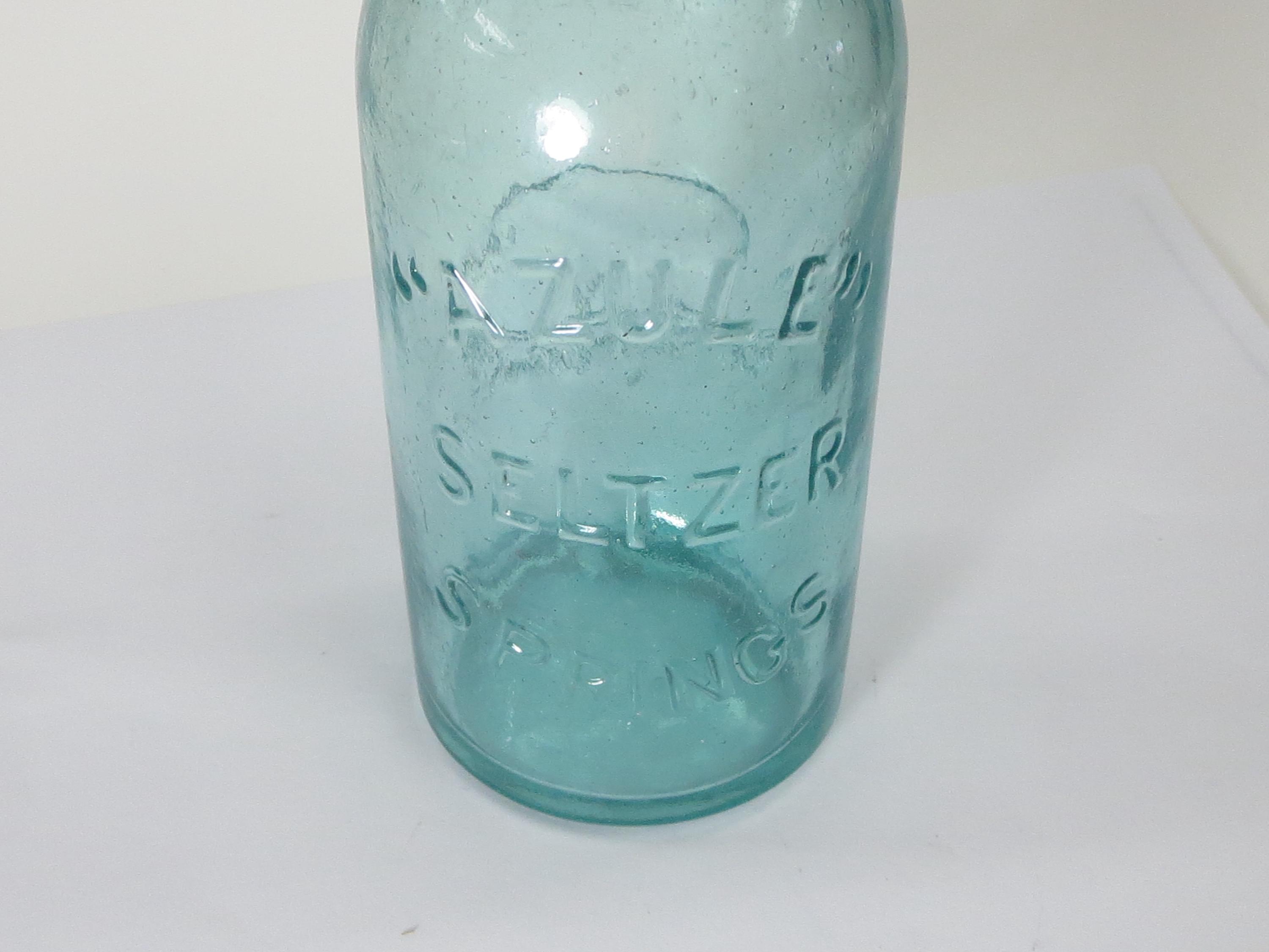 Rare “azule Seltzer Springs” Aqua Glass Hutchinson Bottle W/ Bear Logo ...