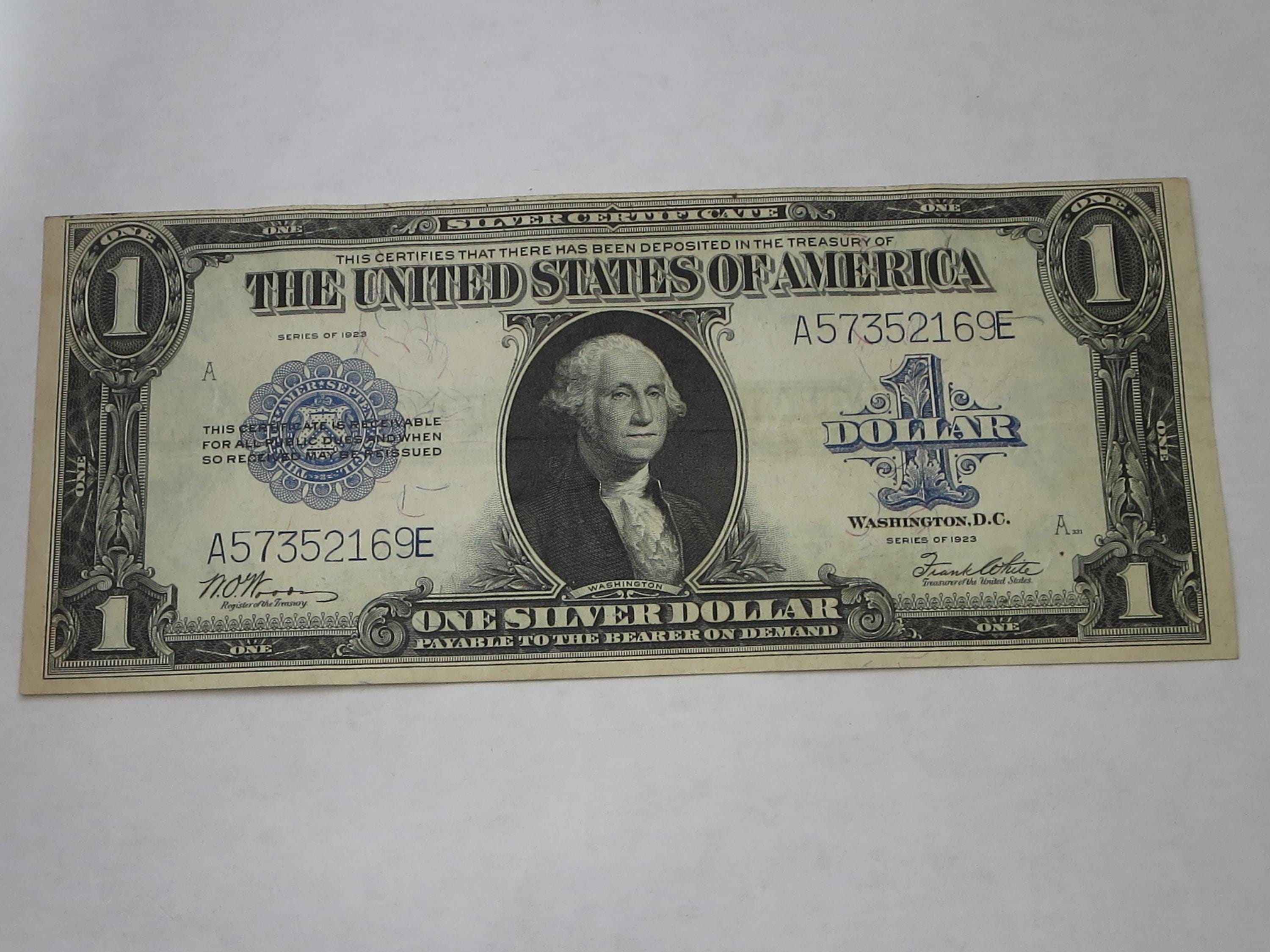 1923 1 Dollar Large Size Silver Certificate – Blue Seal – Serial A57352169E – AI Graded Fine (F12)