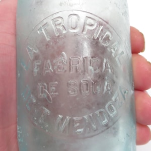 Antique Aqua Glass Soda Bottle – “La Tropical Fabrica de Soda de T. Mendoza” – Early 20th Century Latin American Beverage Bottle