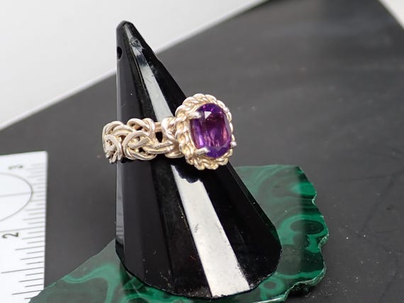 Silver Tone Byzantine Ring, Amethyst Color Gem, R… - image 1