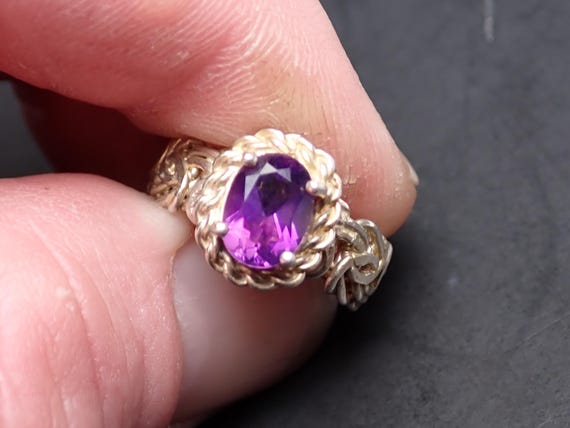 Silver Tone Byzantine Ring, Amethyst Color Gem, R… - image 7