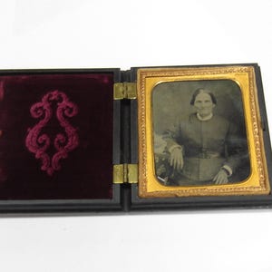 Antique Mid-1800s Daguerreotype Photo | Gutta Percha Folding Case with Purple Velvet