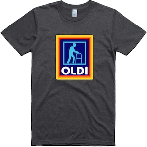 May include: A dark gray t-shirt with a colorful logo featuring a stick figure of a person using a walker and the word "OLDI" in a yellow box.