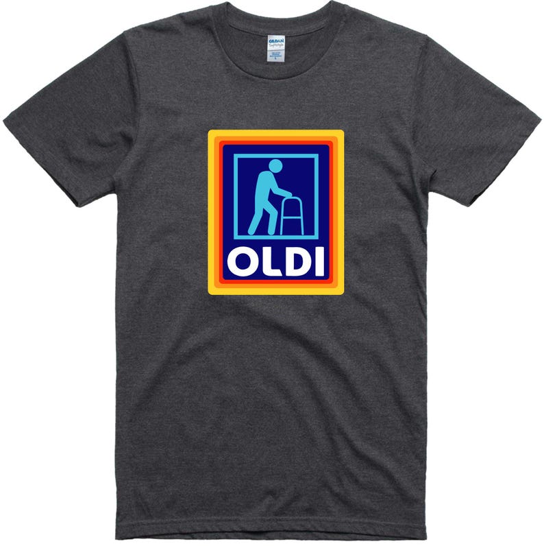 May include: A dark gray t-shirt with a colorful logo featuring a stick figure of a person using a walker and the word "OLDI" in a yellow box.