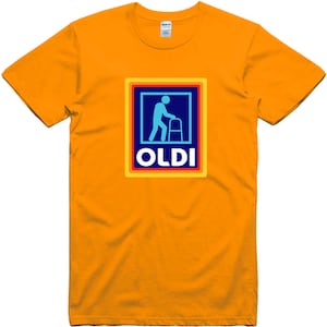 May include: Orange t-shirt with a blue, yellow, red, and white graphic of a person walking with a walker and the word "OLDI" in a blue box.