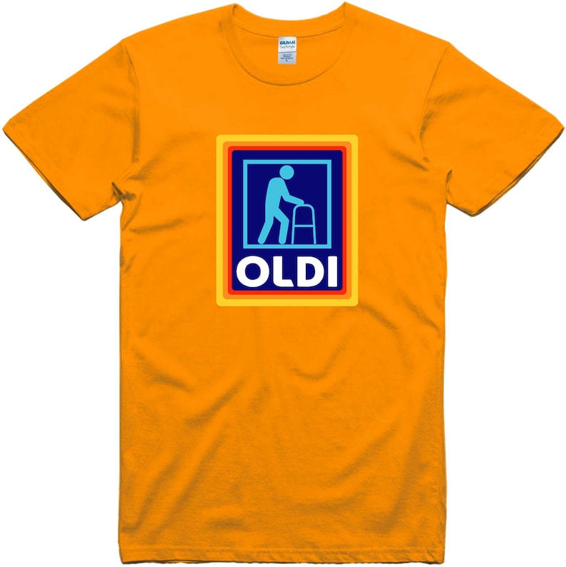 May include: Orange t-shirt with a blue, yellow, red, and white graphic of a person walking with a walker and the word "OLDI" in a blue box.