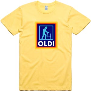 May include: Yellow t-shirt with a blue and orange graphic of a person walking with a walker and the word "OLDI" in a blue box.