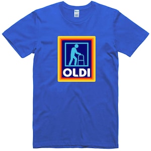 May include: A royal blue t-shirt with a colorful graphic of a person walking with a walker and the word "OLDI" in a yellow box.