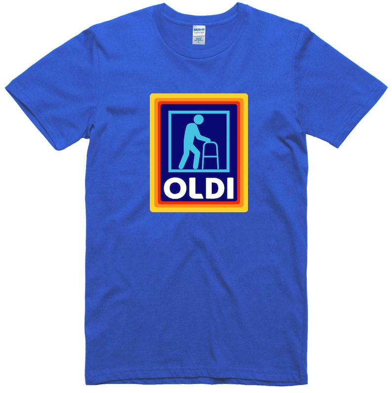 May include: A royal blue t-shirt with a colorful graphic of a person walking with a walker and the word "OLDI" in a yellow box.