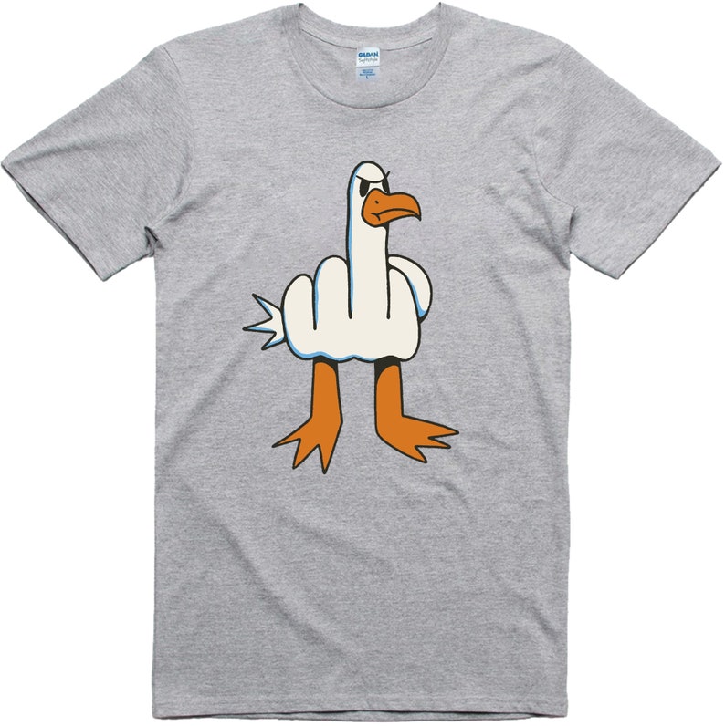 May include: A gray t-shirt with a white cartoon goose giving the middle finger. The goose has orange legs and a black beak.