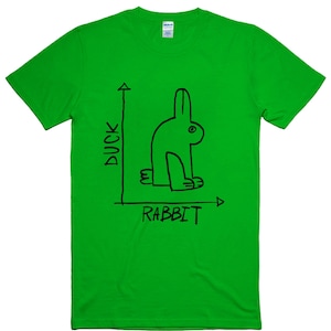 May include: Bright green t-shirt with a black line drawing of a rabbit that could also be a duck. The words "DUCK" and "RABBIT" are written in black on the shirt.