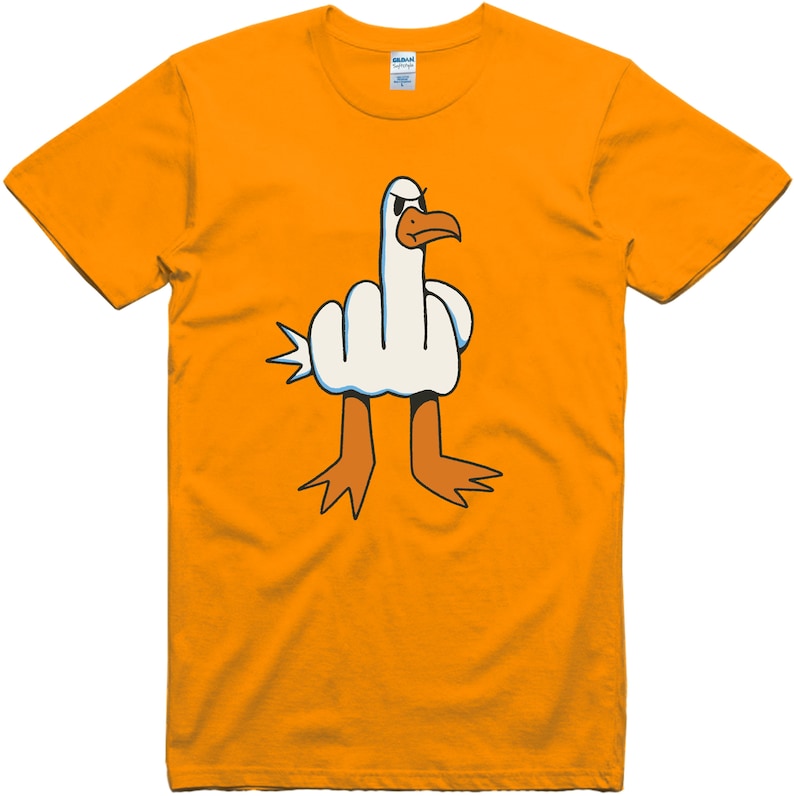 May include: A yellow t-shirt with a white cartoon bird giving the middle finger. The bird has orange legs and black eyes.