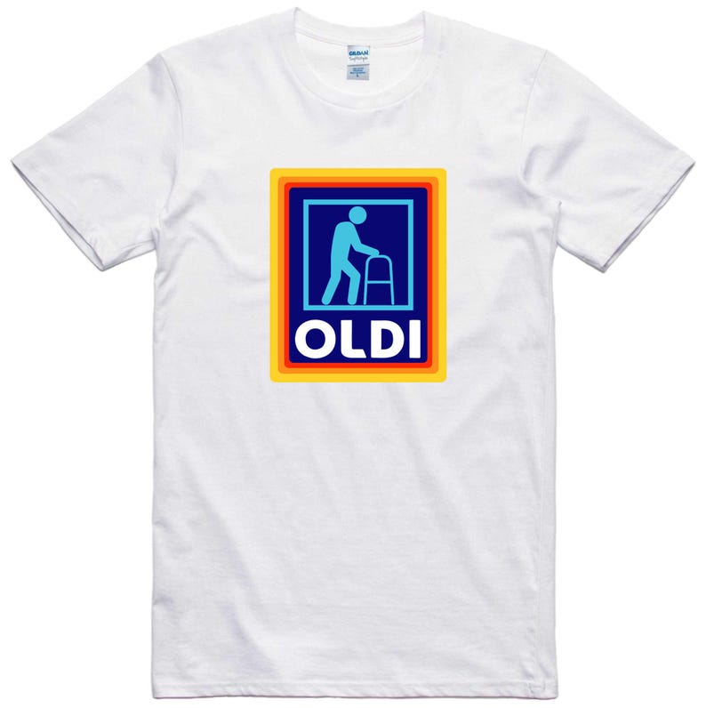 May include: White t-shirt with a colorful logo featuring a blue silhouette of a person walking with a walker and the word "OLDI" in blue letters.