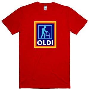 May include: Red t-shirt with a graphic of a person walking with a walker inside a multi-colored square with the word "OLDI" underneath.
