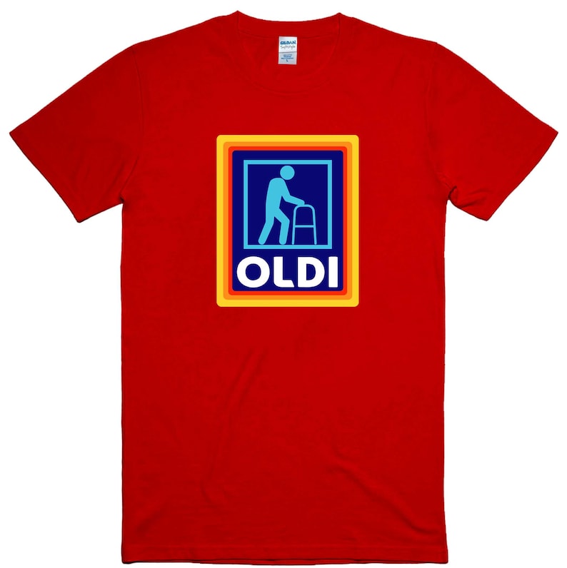 May include: Red t-shirt with a graphic of a person walking with a walker inside a multi-colored square with the word "OLDI" underneath.