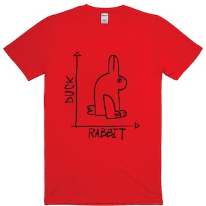 May include: A bright red t-shirt featuring a black line drawing of a rabbit that could also be a duck. The words "DUCK" and "RABBIT" are written in black on the shirt, along with a line graph.