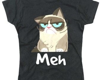 Womens Funny T Shirt Grumpy Cat Meh Female Fit Funny Cotton T Shirt