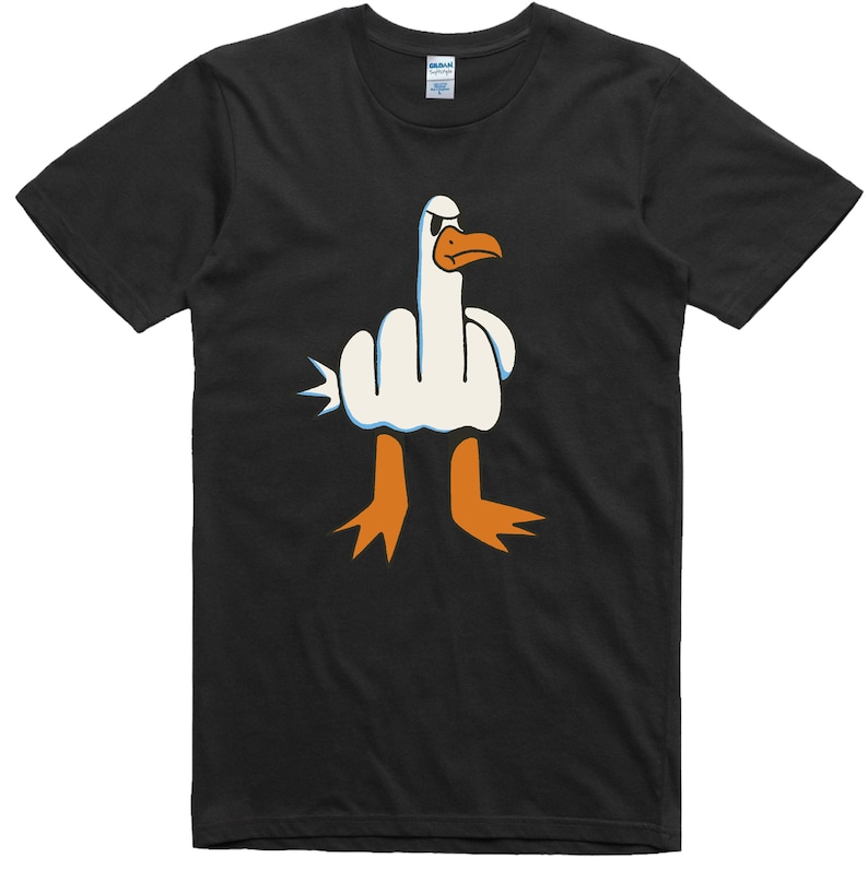 May include: Black t-shirt with a white cartoon goose giving the middle finger. The goose has orange feet and a blue beak.