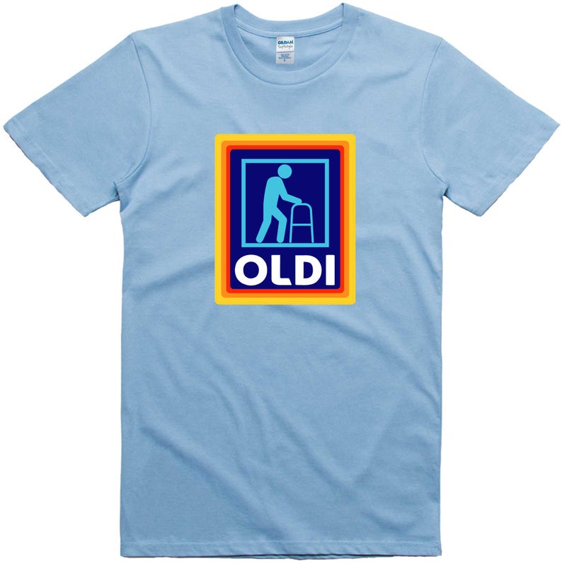 May include: Light blue t-shirt with a rainbow-colored square graphic featuring a blue silhouette of a person walking with a walker and the word "OLDI" in yellow letters.