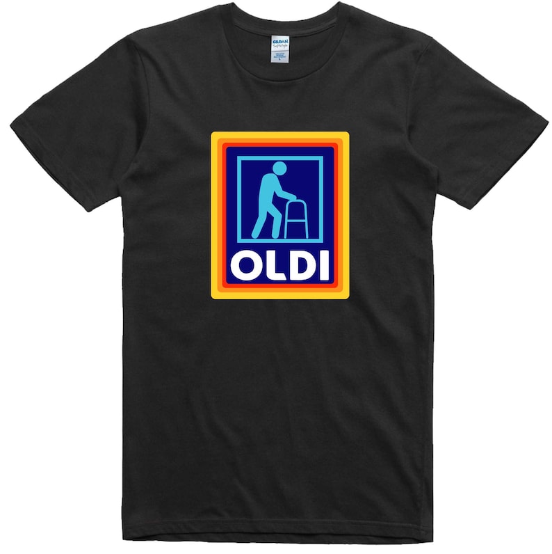May include: Black t-shirt with a colorful graphic of a person with a walker and the word "OLDI" in a box.