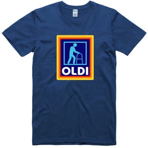 May include: A navy blue t-shirt with a rainbow-colored square graphic featuring a blue silhouette of a person walking with a walker and the word "OLDI" in white letters.