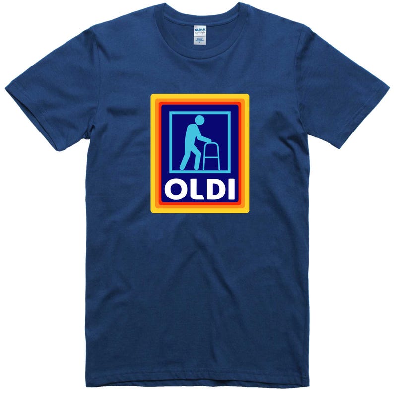 May include: A navy blue t-shirt with a rainbow-colored square graphic featuring a blue silhouette of a person walking with a walker and the word "OLDI" in white letters.