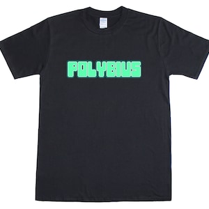 May include: Black t-shirt with a green "POLYBIUS" logo printed on the front.