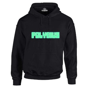 May include: Black hooded sweatshirt with a green "POLYBIUS" graphic on the front.