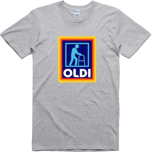 May include: A gray t-shirt with a colorful graphic of a person with a walker and the word "OLDI" in a yellow box.