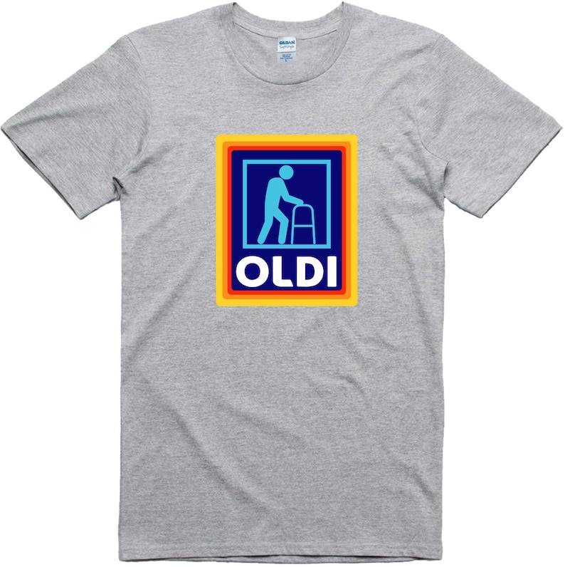May include: A gray t-shirt with a colorful graphic of a person with a walker and the word "OLDI" in a yellow box.