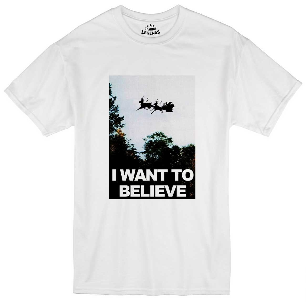 Image of Funny Christmas T Shirt I Want To Believe Parody Ufo Xmas Santa Tee