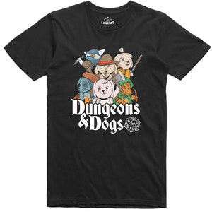 May include: Black t-shirt featuring a cartoon graphic of dogs playing Dungeons & Dragons. The text "Dungeons & Dogs" is in white with a white 20-sided die.