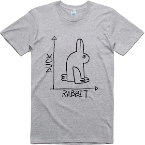 May include: A light gray t-shirt featuring a black line drawing of a rabbit, with the words "DUCK" and "RABBIT" labeling the axes of a graph. The rabbit illustration is minimalist and whimsical.