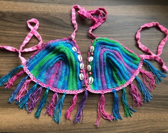 crochet bikini tophandmade  cotton size Us numeric 10 -12-14 fits ( M -L-XL xxl eur) added fringes 1 st photo is final