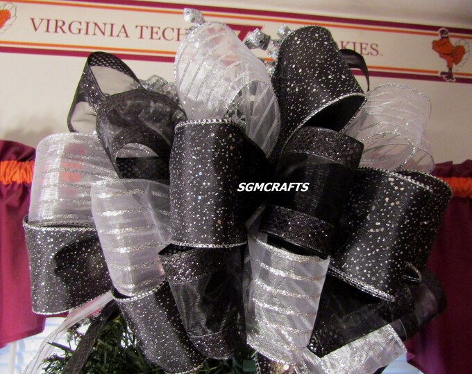 Black and Silver Christmas Tree Topper Bow Holiday Tree Topper Bow Yule