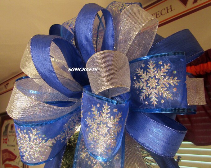 Blue and Silver Christmas Tree Topper Bow Royal Blue and Etsy