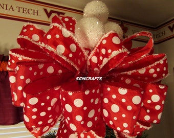 Red and White Polka Dot Bow Christmas Tree Topper Bow Christmas Tree Bow Xmas Tree Topper Bow Holiday Tree Topper Yule Tree Topper Red Bow