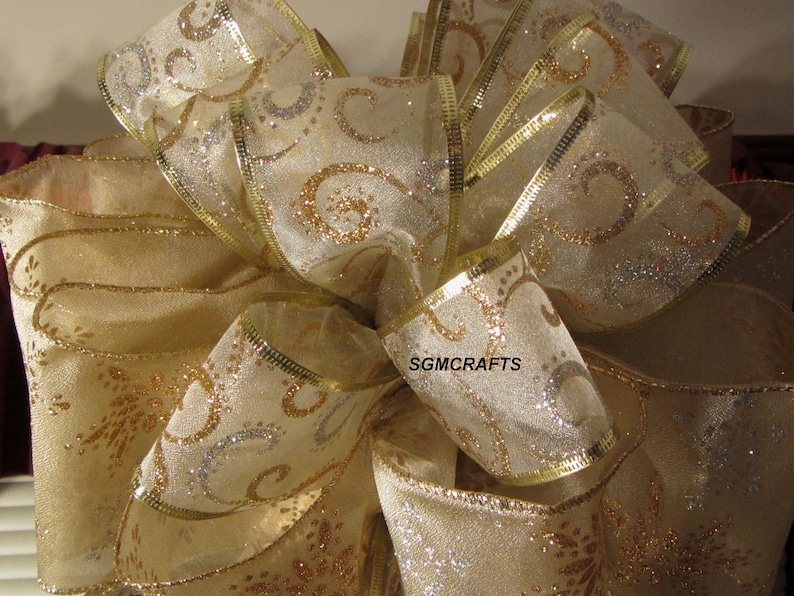 Ivory and Gold Christmas Tree Topper Bow Ivory Tree Topper Christmas Tree Topper Champagne Tree Topper Holiday Tree Topper Yule Tree Topper