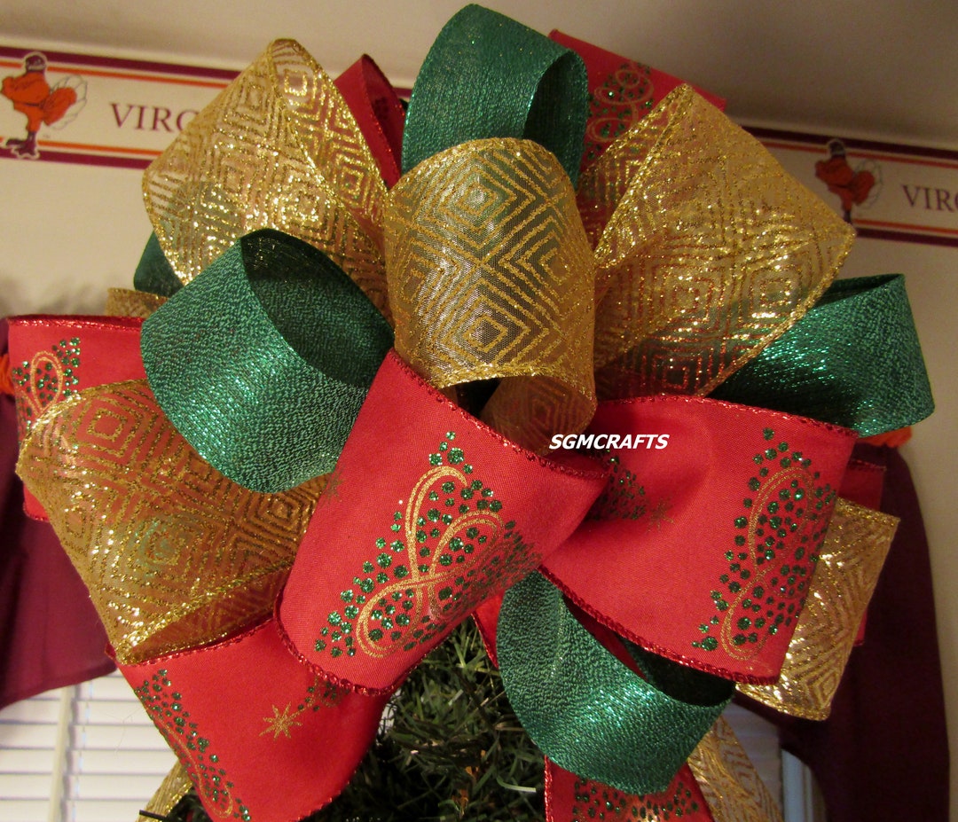 Red Green and Gold Christmas Tree Topper Bow Holiday Tree Topper Bow