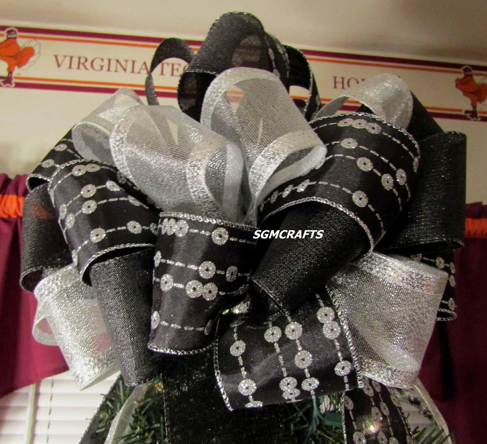 Black and Silver Christmas Tree Topper Bow Holiday Tree Topper Etsy