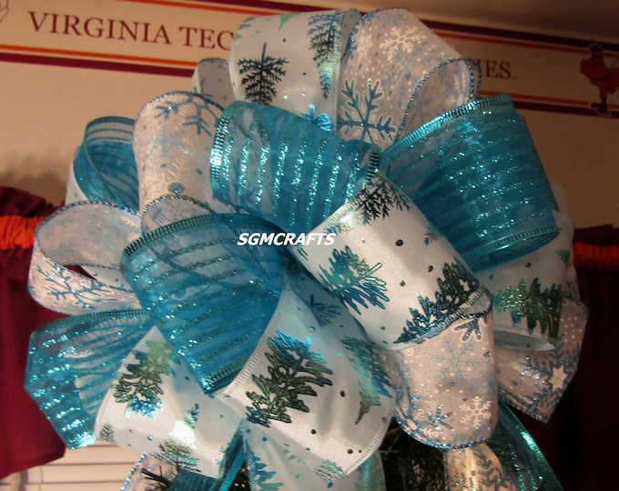 Peacock Christmas Tree Topper, Blue, Green Poinsettia Tree Topper, XL