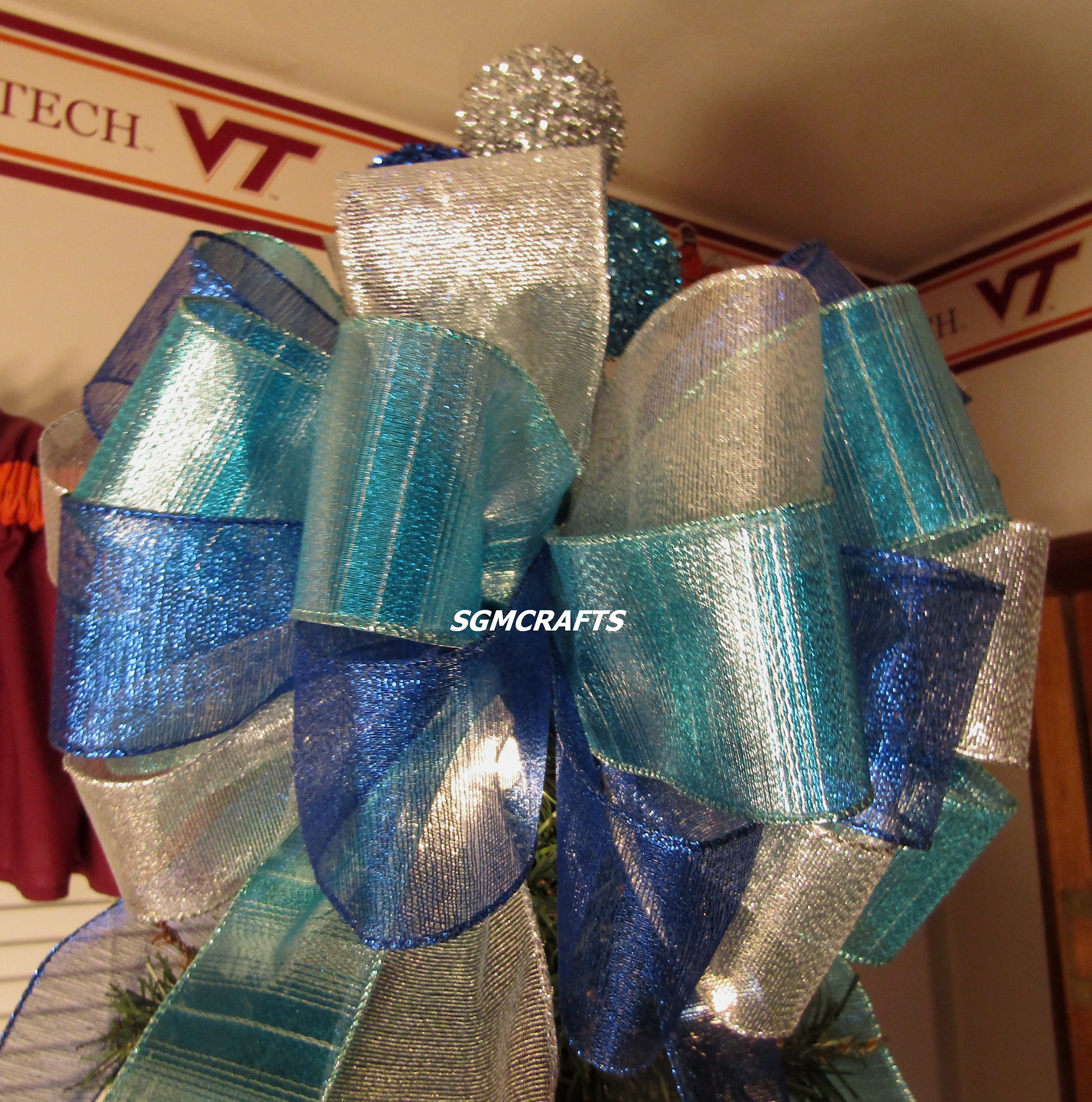 Blue Silver Turquoise Christmas Tree Topper Bow Christmas Wired Ribbon ...